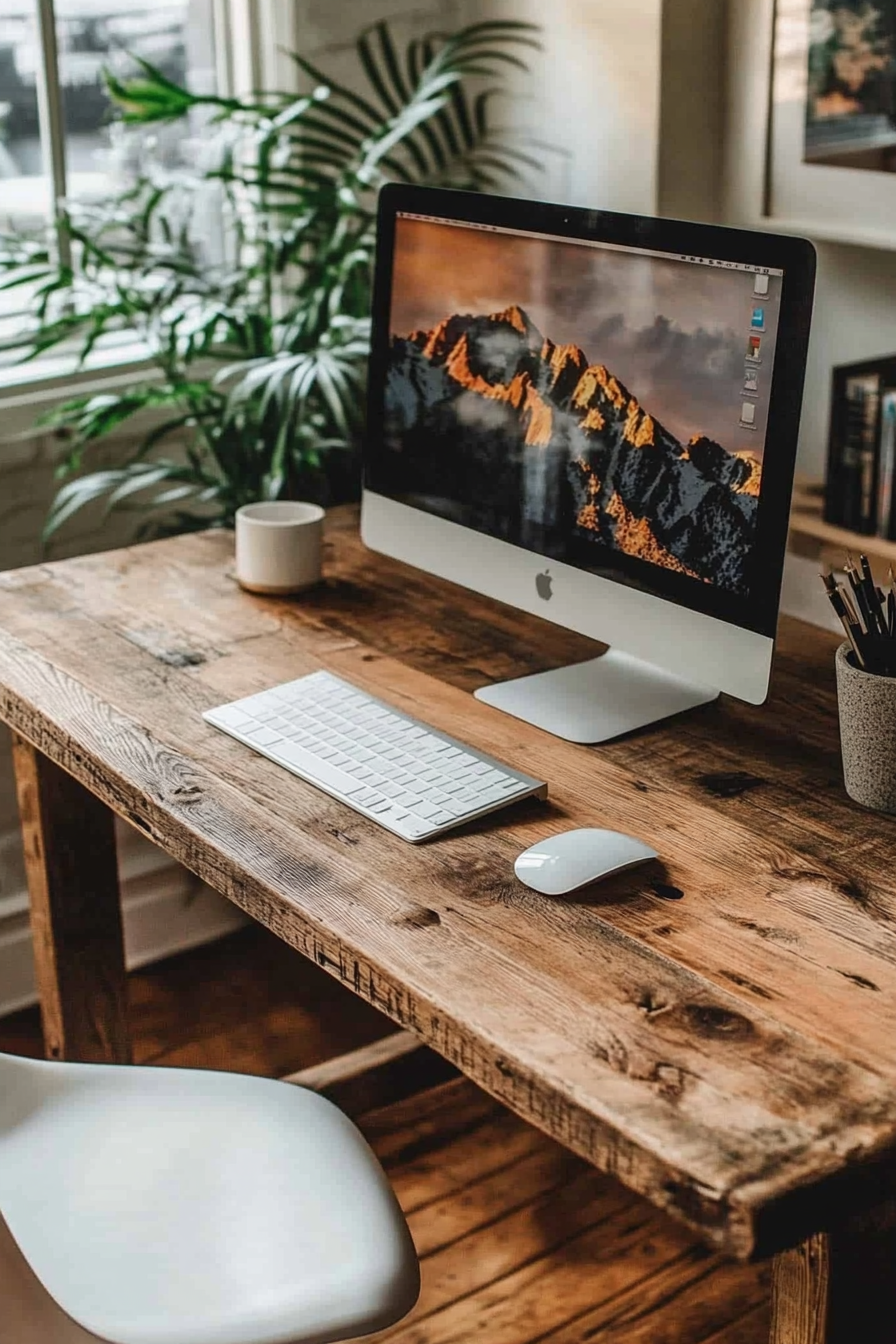 Remote work setup. Rustic wooden desk with minimalist white computer.