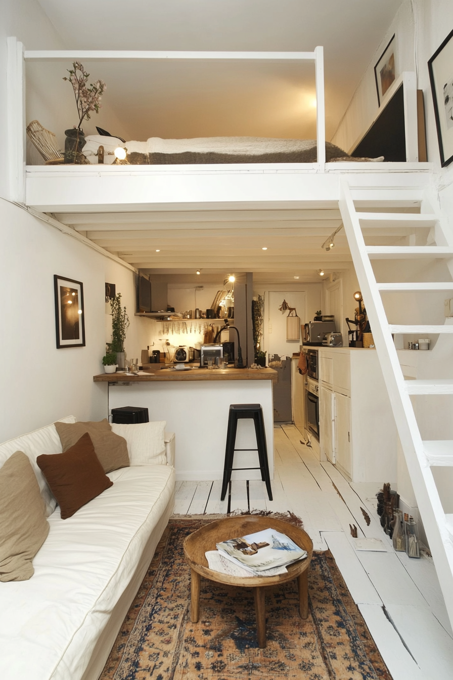 Living room inspiration. Tiny space with white walls and multifunctional furniture.