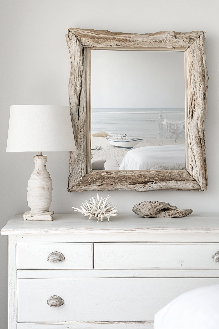 Coastal bedroom decor. Handmade driftwood photo frame on a white wooden dresser.