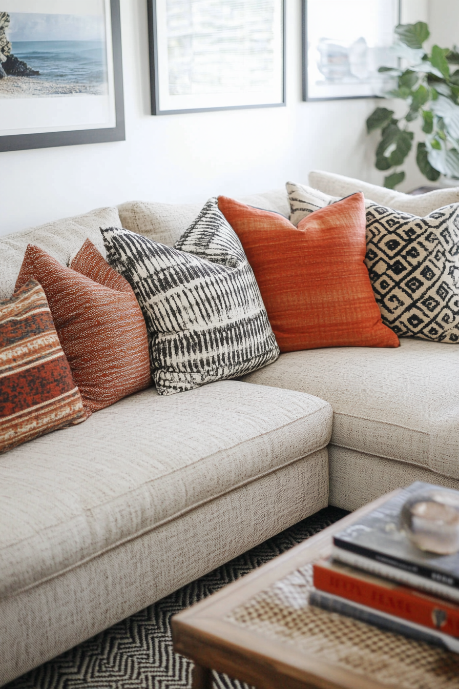 Living room inspiration. Compact sectional sofa with bold patterned throw pillows.