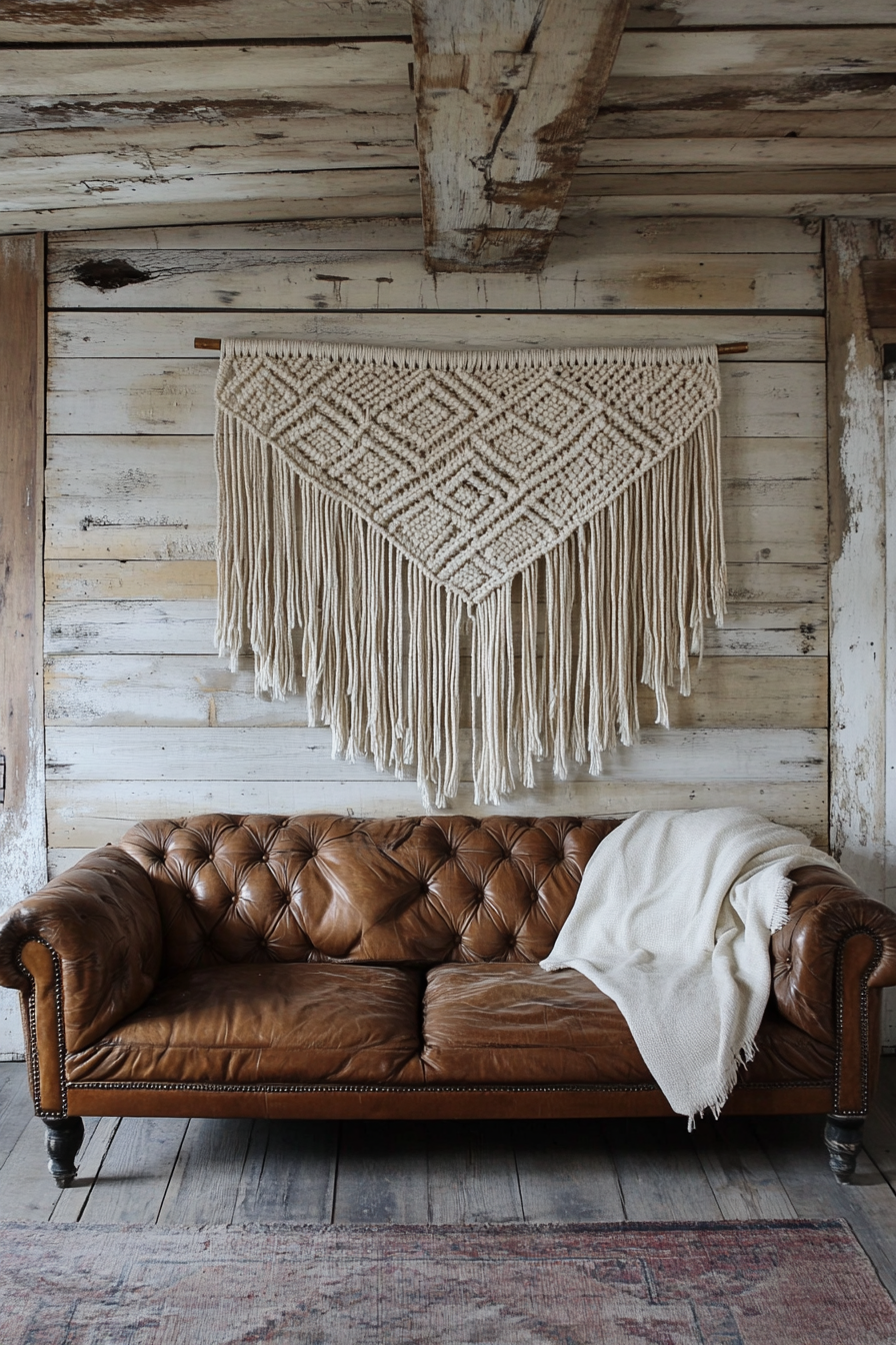 Living room. Macramé wall hanging on distressed wooden walls