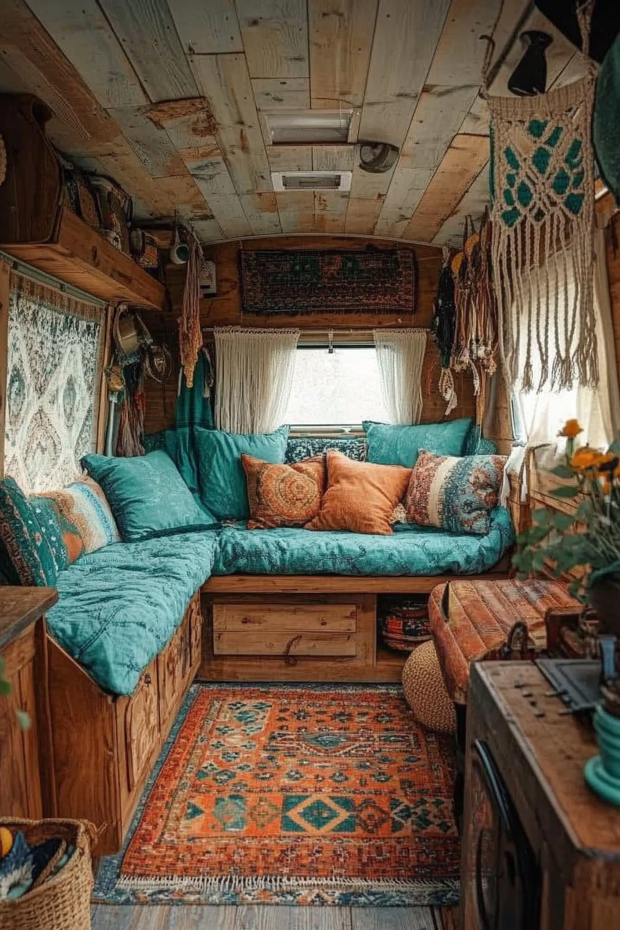 Camper interior. Turquoise cushions, patterned rug, wooden furniture, hanging macramé.