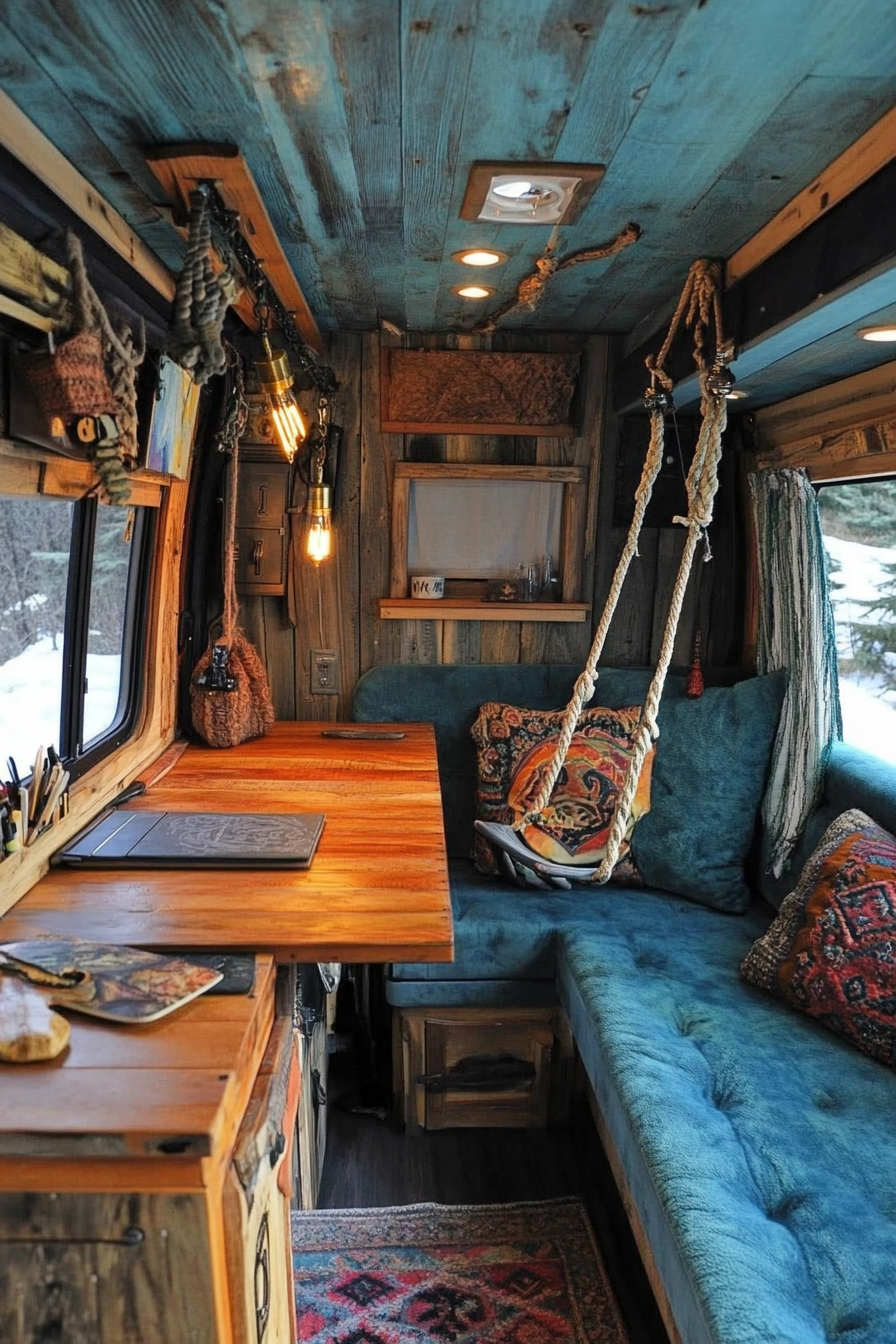 Camper van interior. Ocean blue suede desk with attached swing chair.