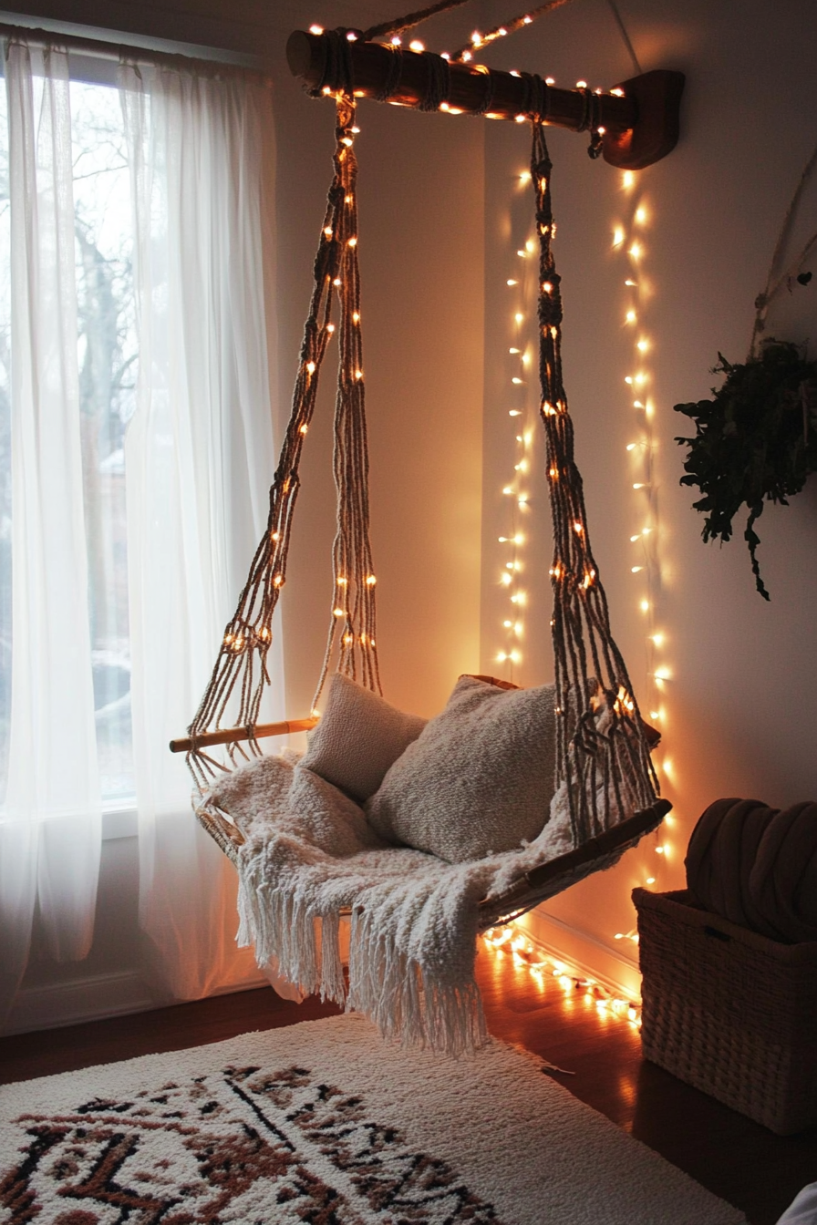 Whimsical Boho bedroom. Rope hanging chair with sunset-colored fairy lights.