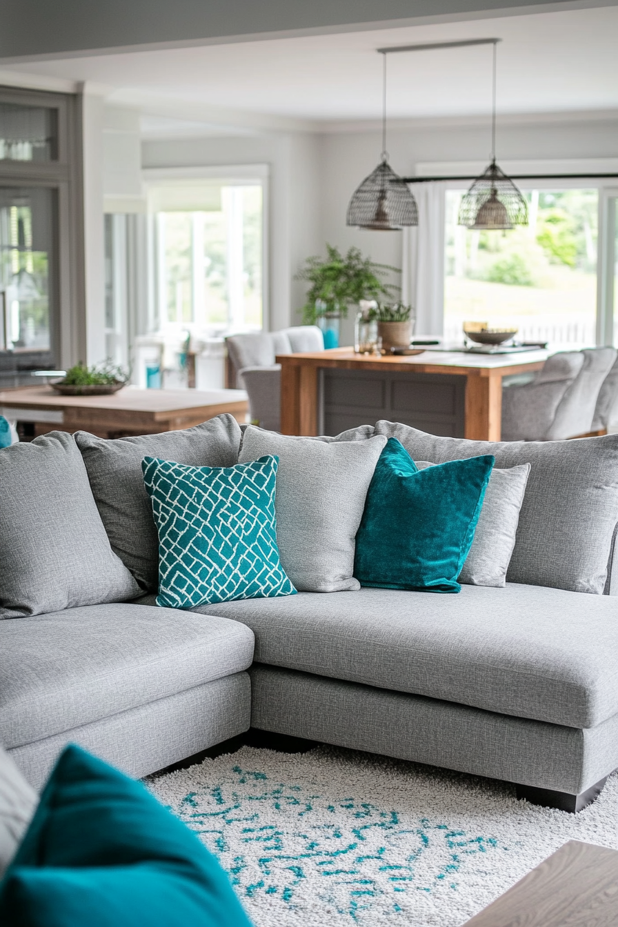 Living Room Inspiration. L-shaped Modern Grey Sofa with Turquoise throw pillows