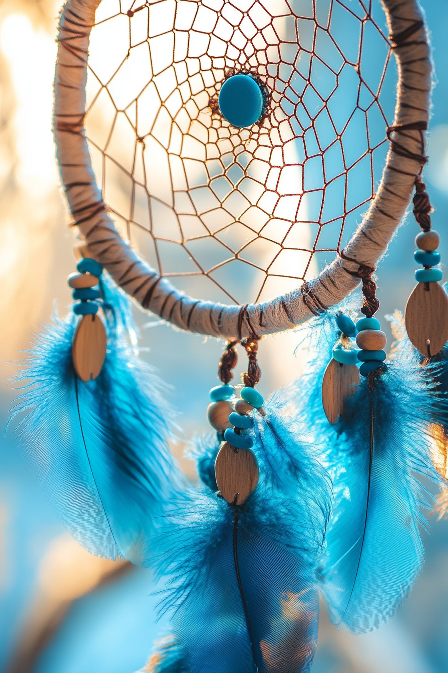 DIY Wall Decor. Dreamcatcher with blue feathers and wooden beads.