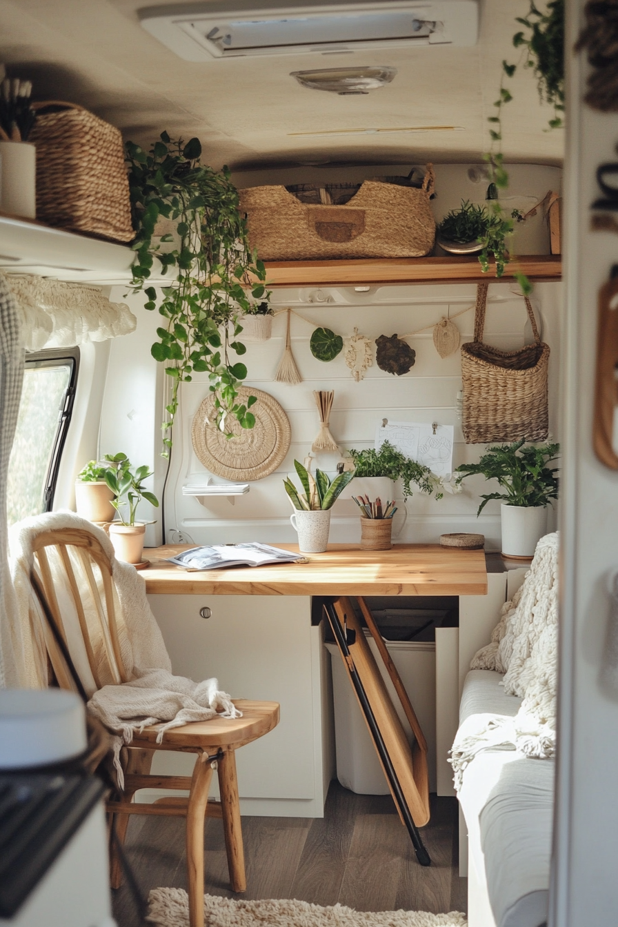 Converted van. Pastel interiors with a foldable wooden desk and hanging plants.