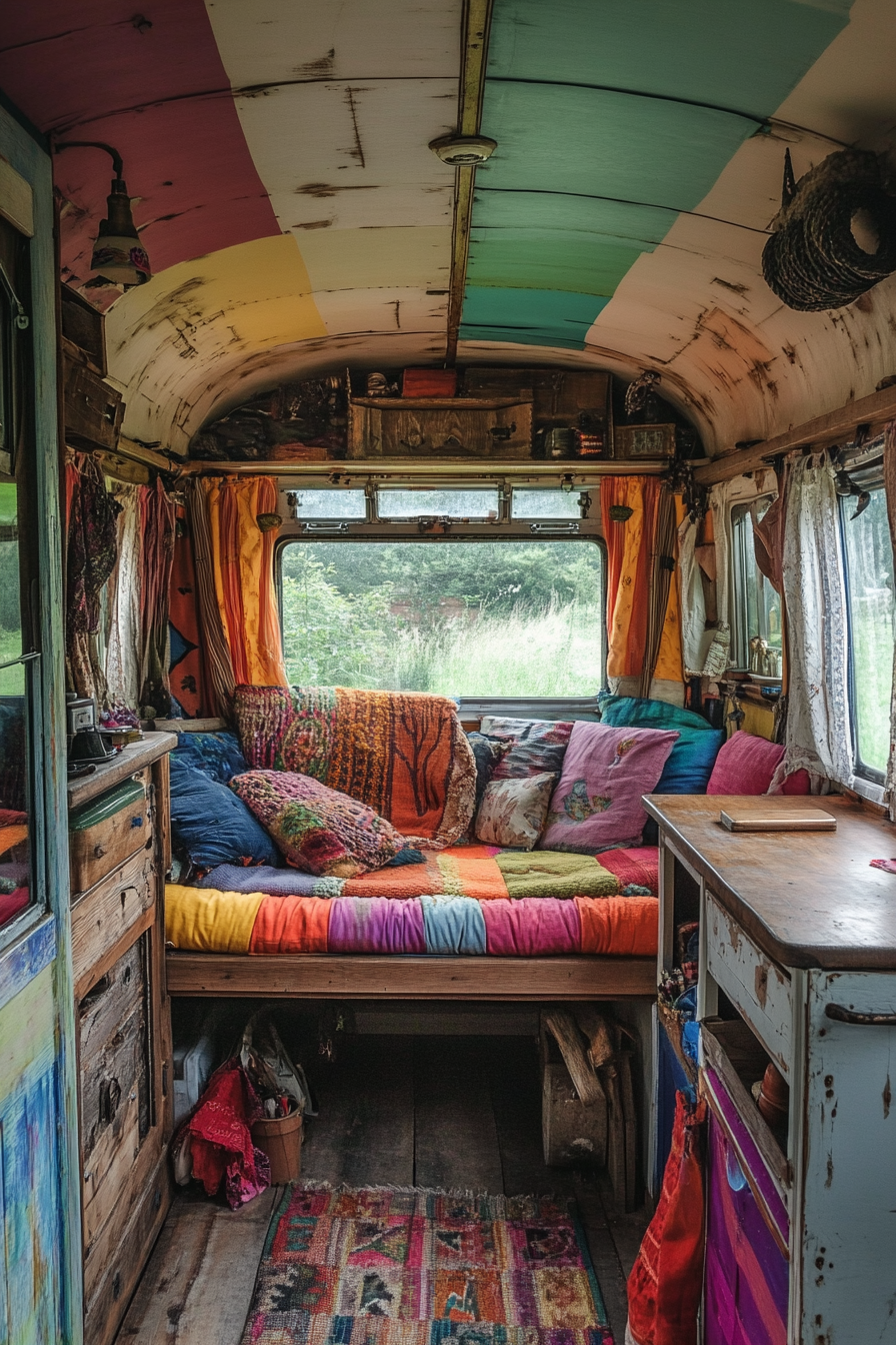 Camper Van. Cushion-filled interior, rainbow exterior, rustic wood desk by window.