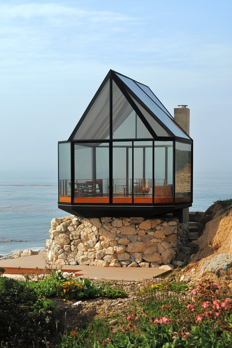 Compact beach house. Hexagonal design with glass walls offering panoramic ocean views.