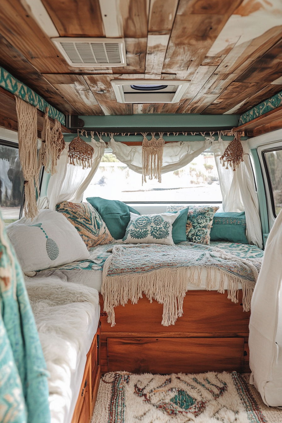 Boho-Luxe Camper Van. Teakwood interior with macrame and turquoise accents.