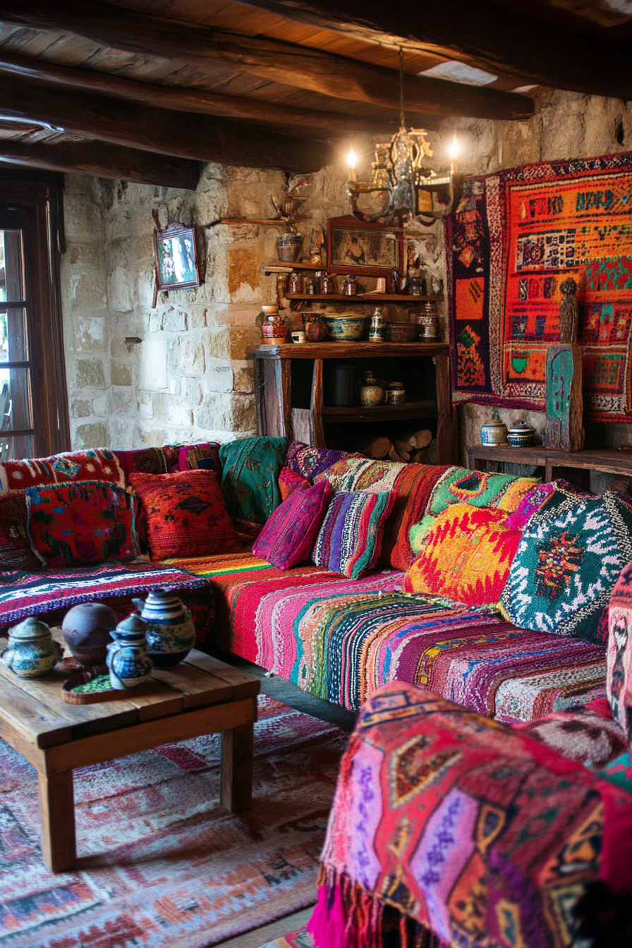 Boho living room. Draped colorful textiles with authentic Aztec patterns.