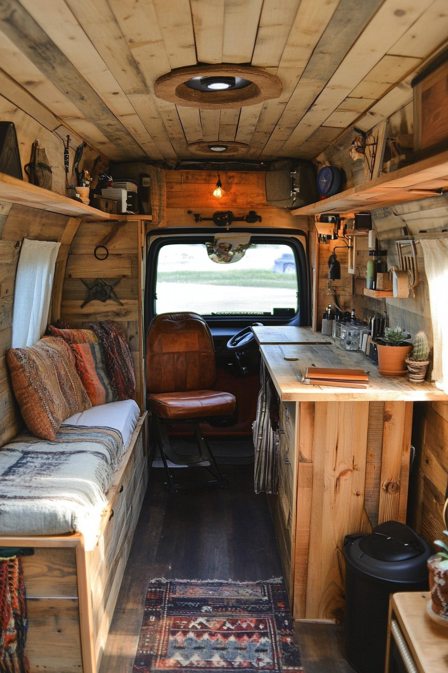 Converted van. Rustic style interior with mounted desk station.