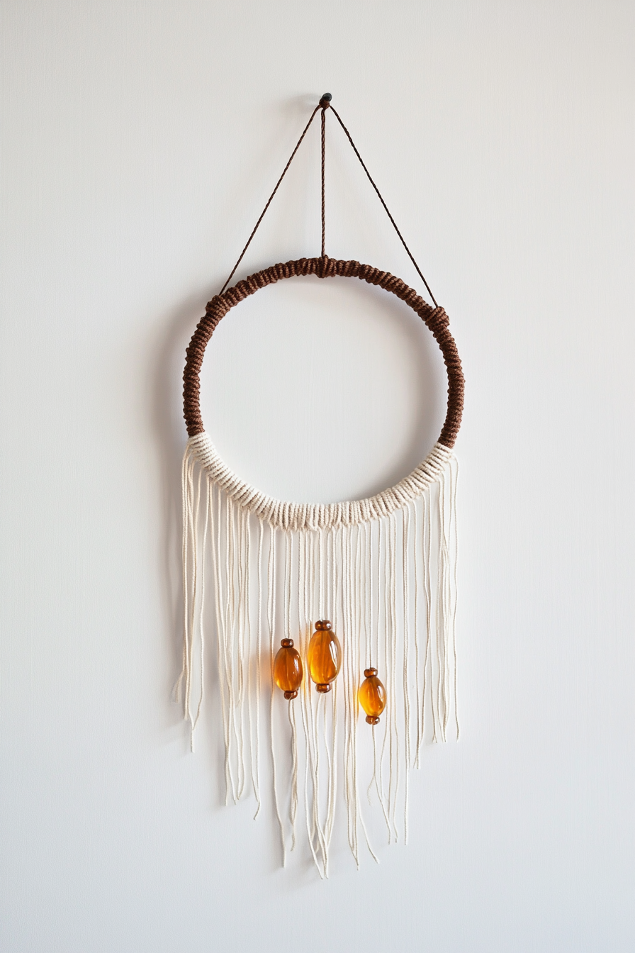 DIY wall decor. Circular macrame hanging with amber beads.