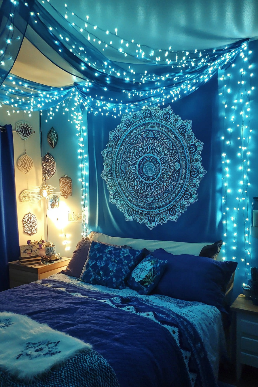 Boho whimsical bedroom. Turquoise mandala tapestry with draped cascading fairy lights.