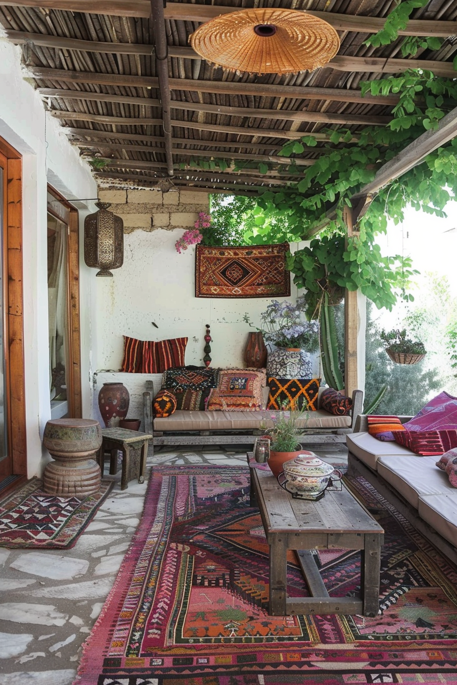 Chic boho patio. Turkish kilim rugs against weathered wood furniture.