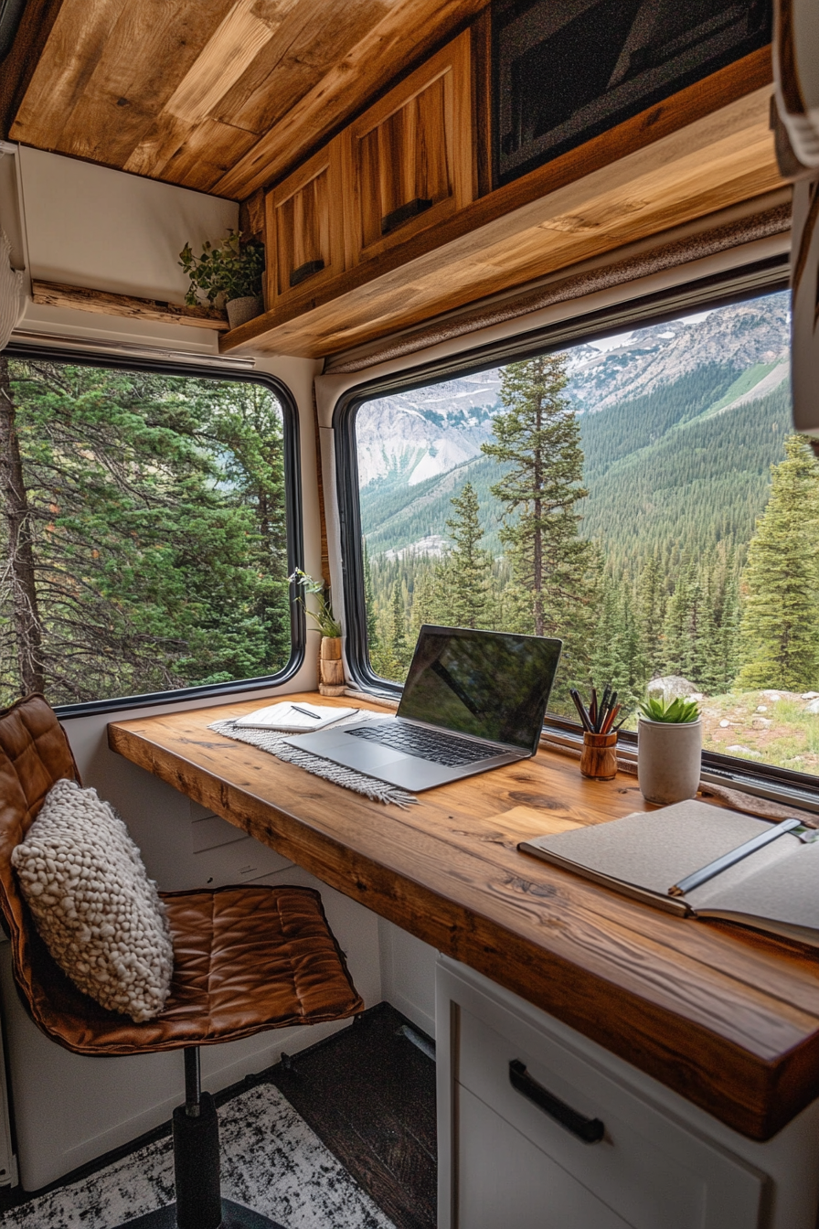 Mobile office space within RV. Boxy wooden desk next to a panoramic window in an RV.