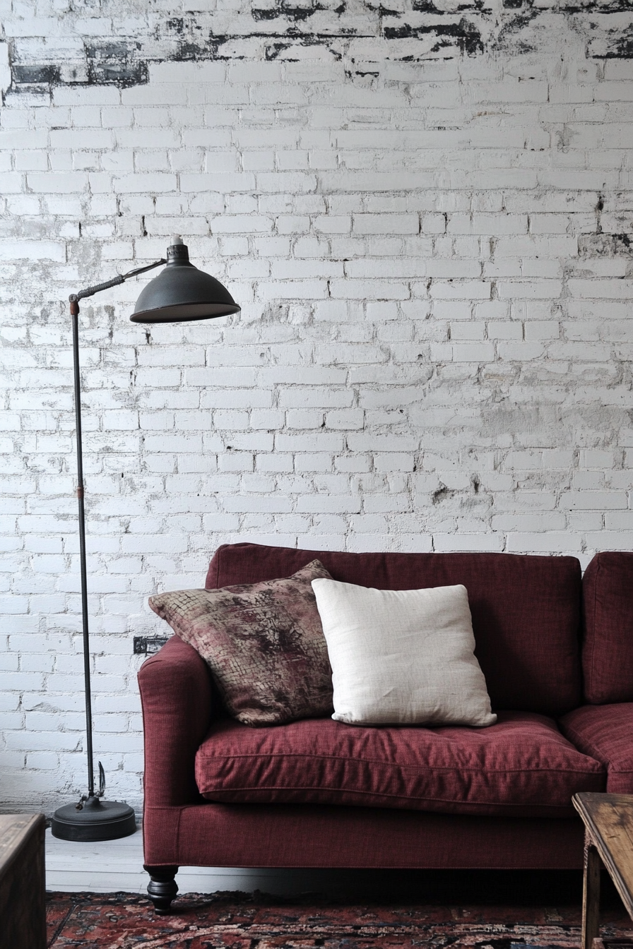 Urban tiny living room. Maroon fabric sofa against white distressed brick wall.