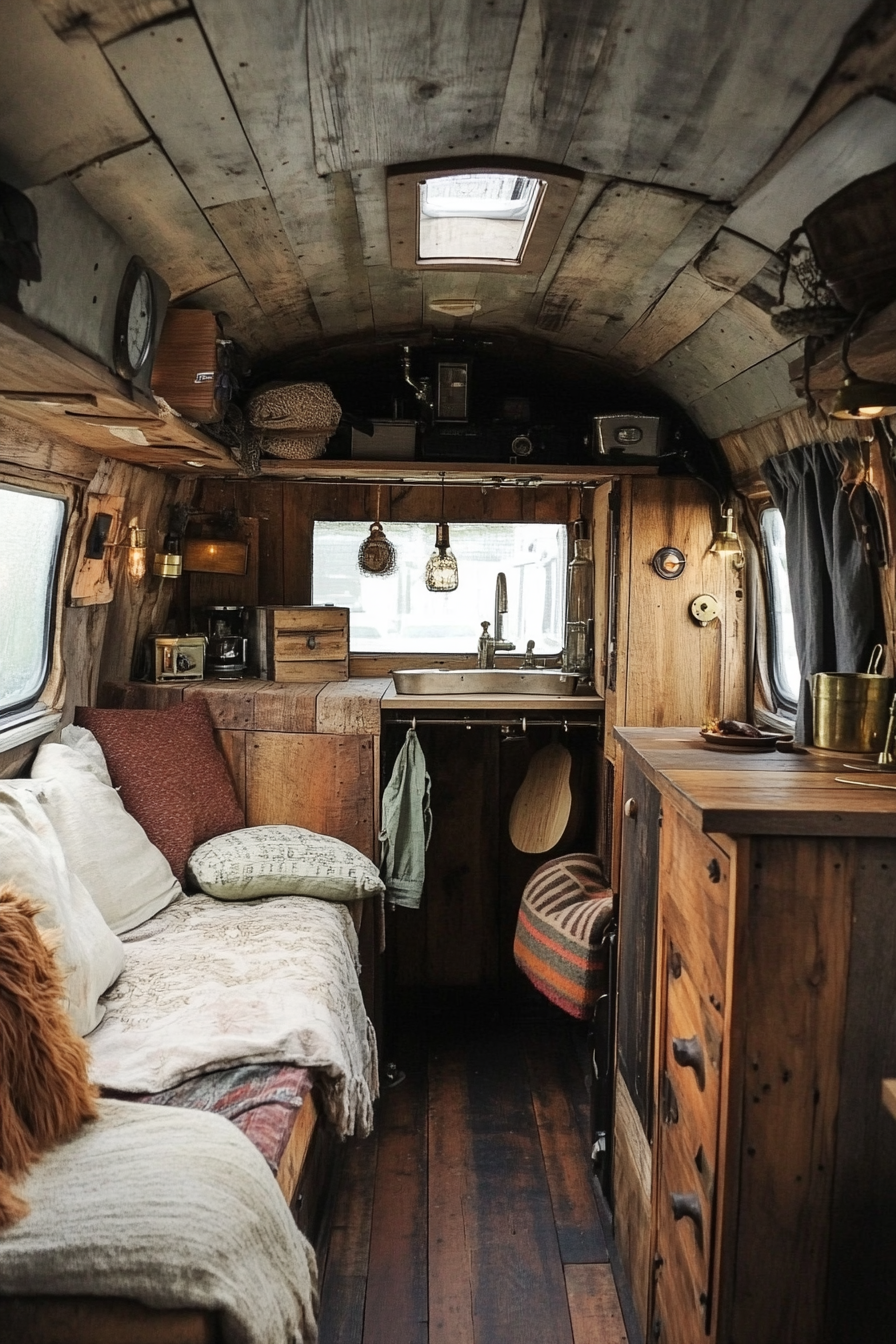 Camper van. Salvaged wood interior with brass fixtures.