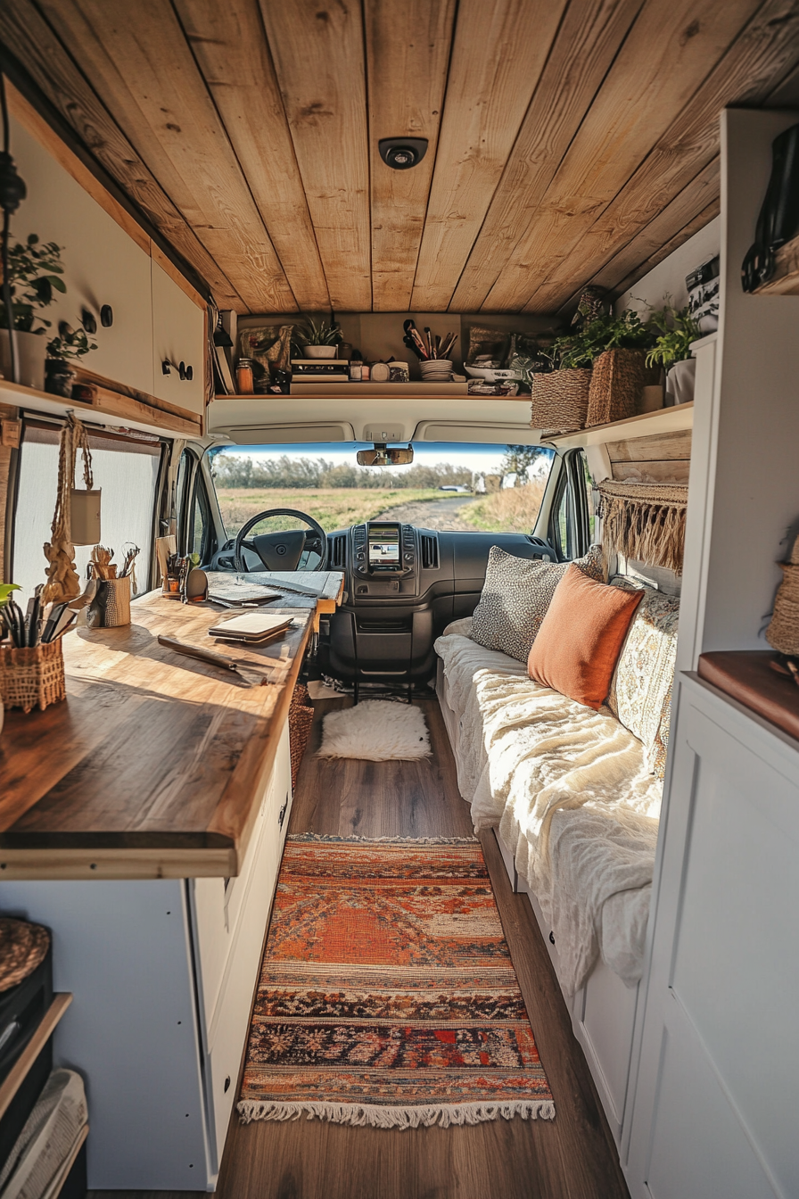 Camper van. Boho-styled interior with a small, compact office space.