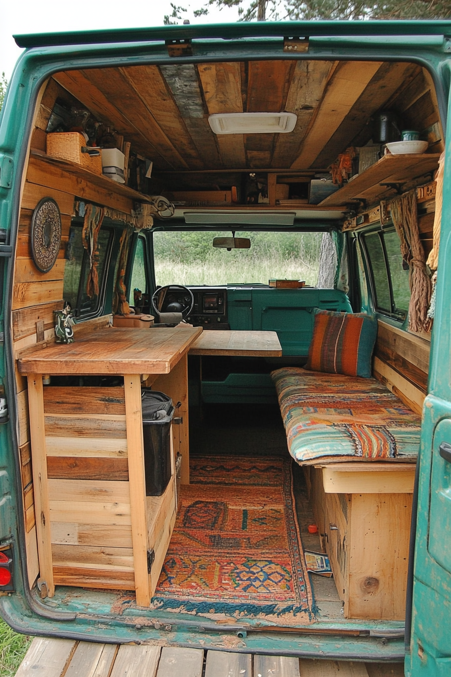 Hippie camper van. Teal exterior, rustic wooden interior with a pull-out desk.