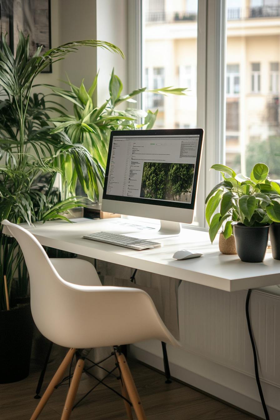 Home office inspiration. Sleek white desk with ergonomic chair and green indoor plants.