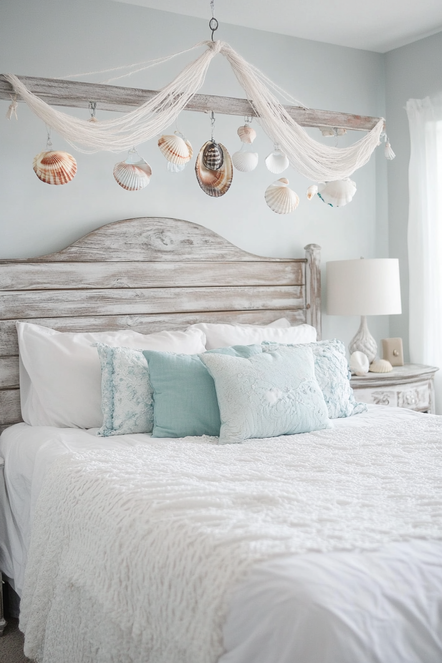 Coastal bedroom. Whitewashed wood headboard and DIY seashell mobile.