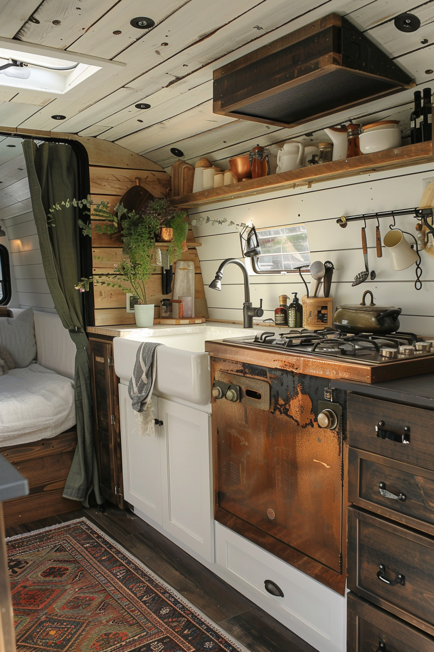 Rustic camper van kitchen. Copper cooking surface offset by shiplap walls.