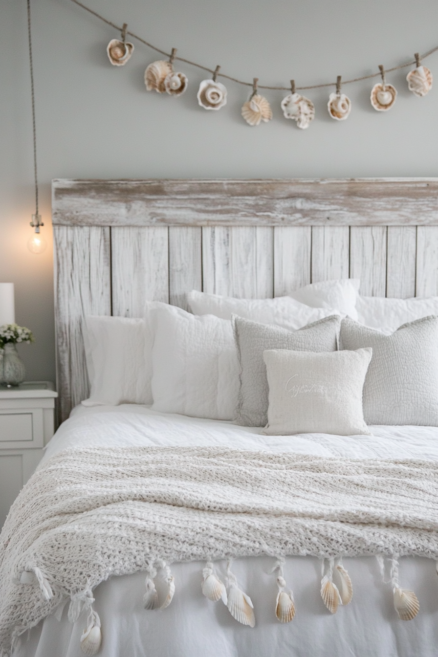 Coastal bedroom. Whitewashed wooden headboard with DIY seashell garland.