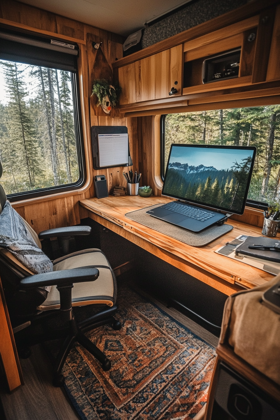 Mobile office space. Desk near RV's panoramic rear window.