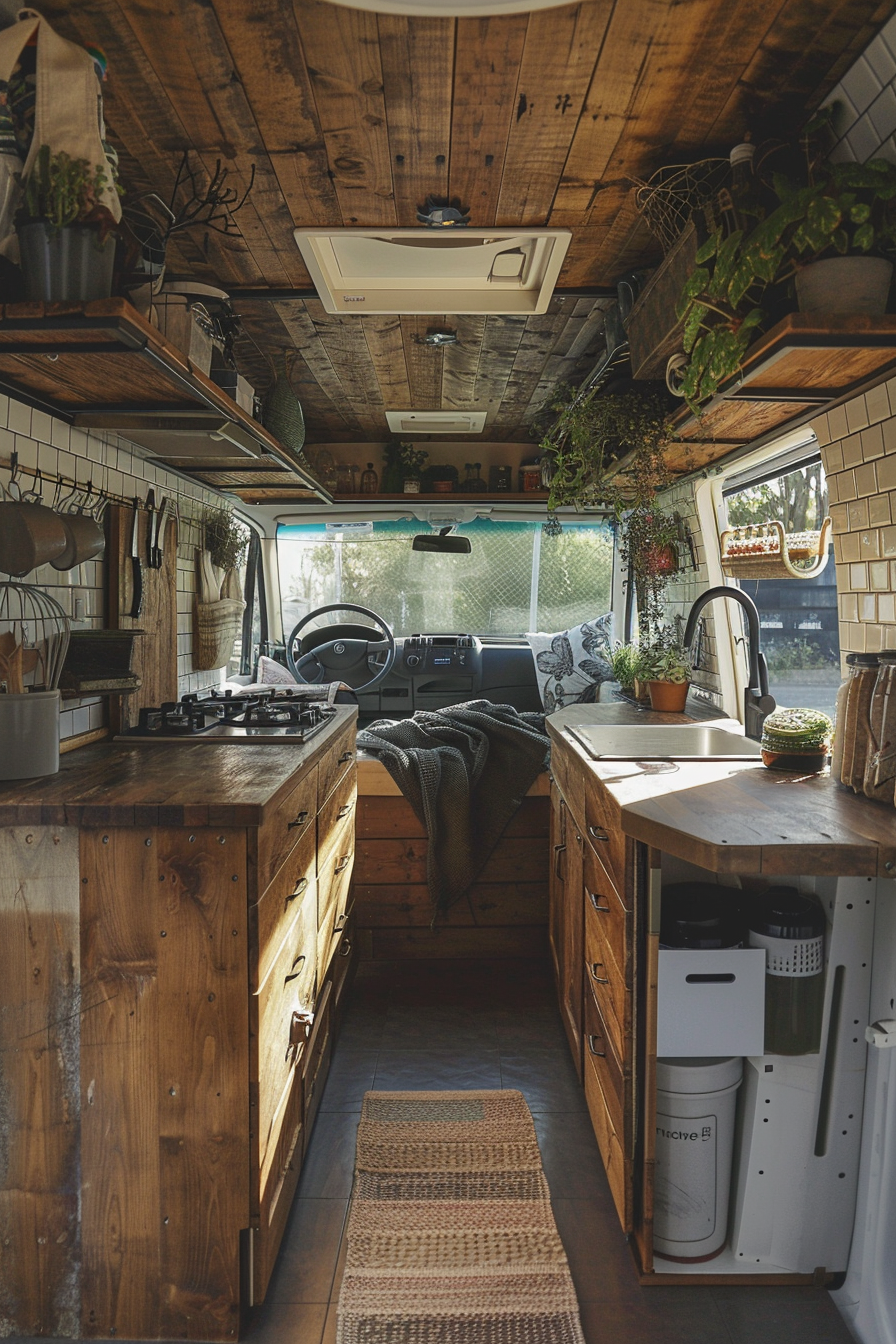 Camper van kitchen. Teak wood counter with visible knots.