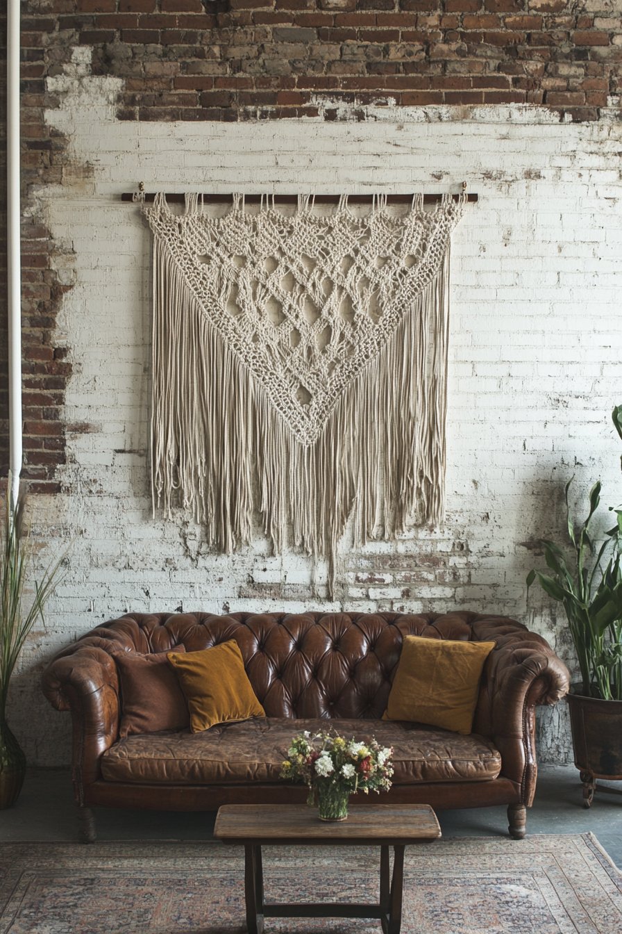 Living room. Macrame wall hanging on exposed brick wall.