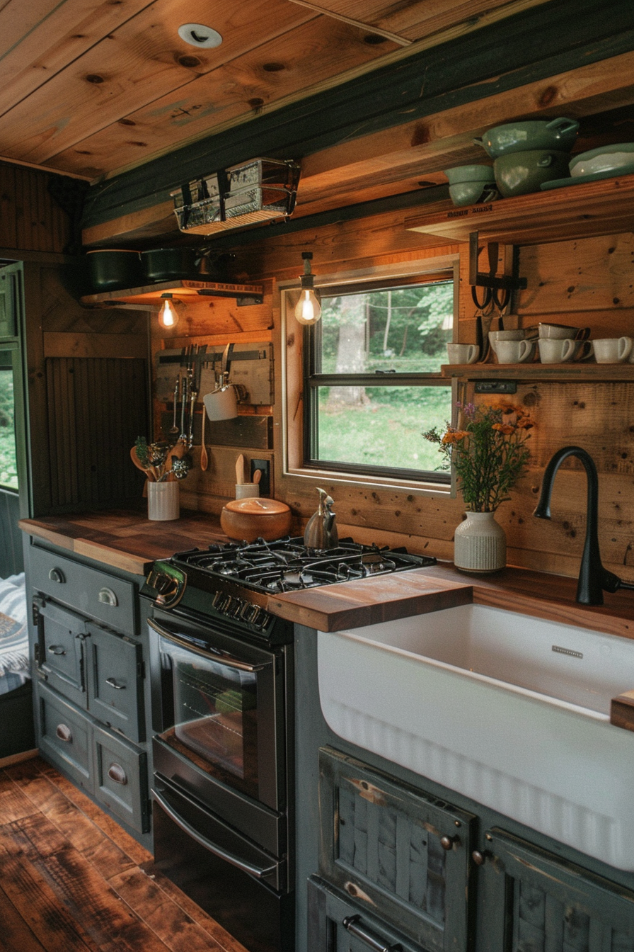 Rustic camper van kitchen. Wood countertop with cast iron stove.