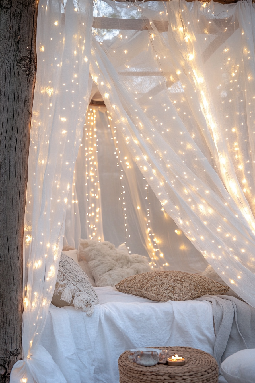 Boho whimsical bedroom. White sheer canopy draped with warm fairy lights.