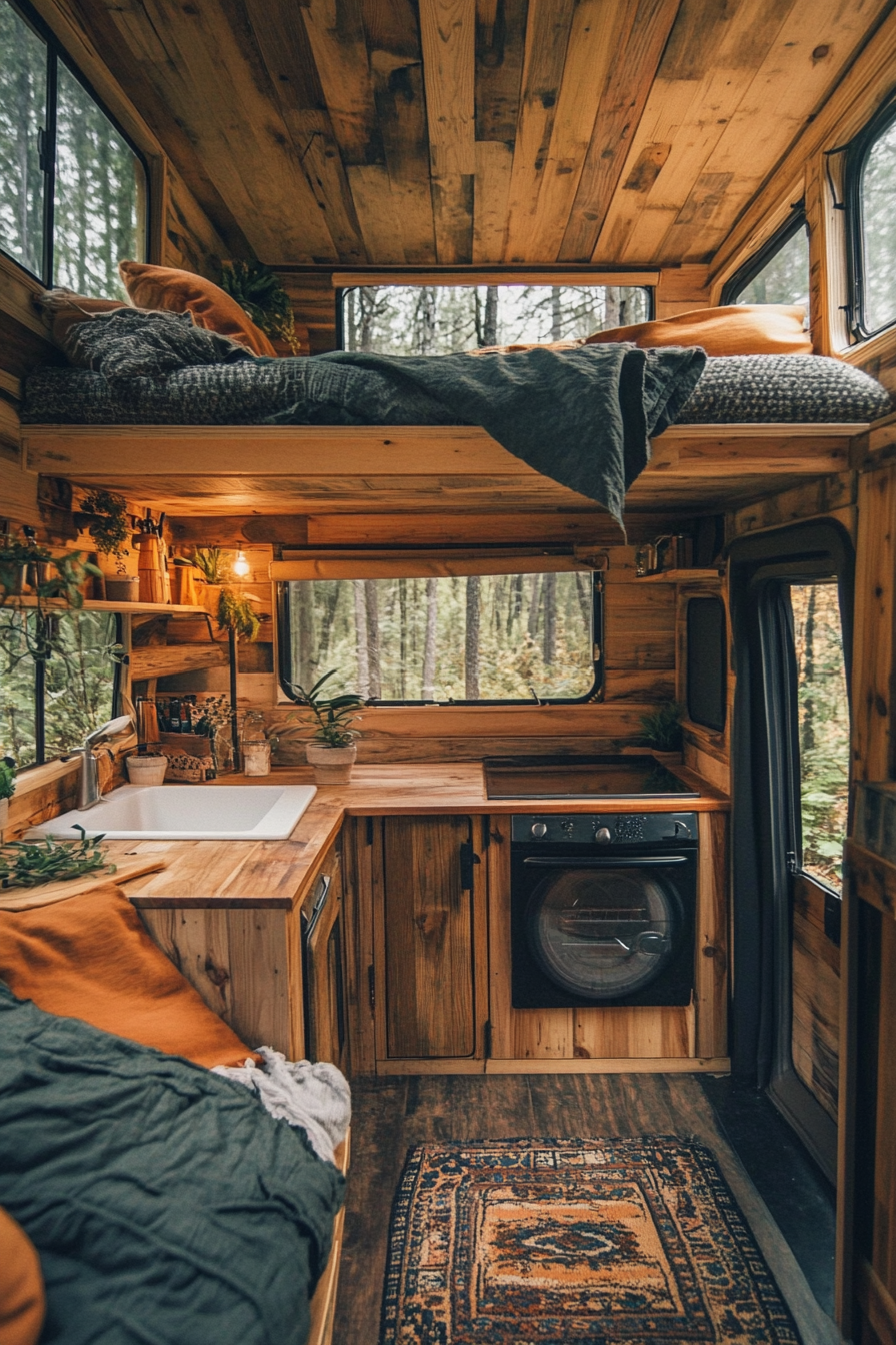 Split image. Wooden Tiny House Camper interior, lush camping site exterior.