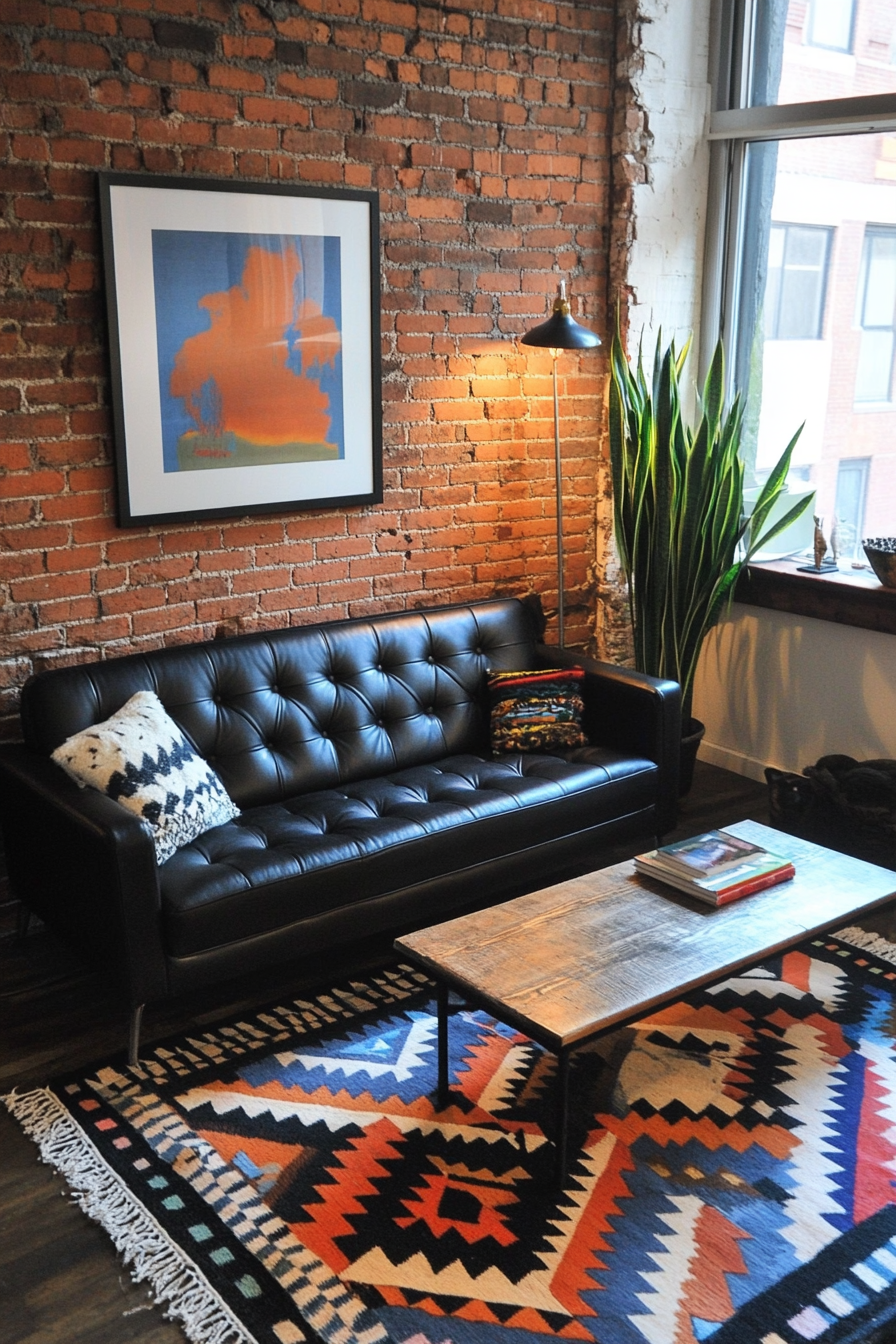 Urban tiny living room. Black leather couch with geometric rugs and exposed brick walls.