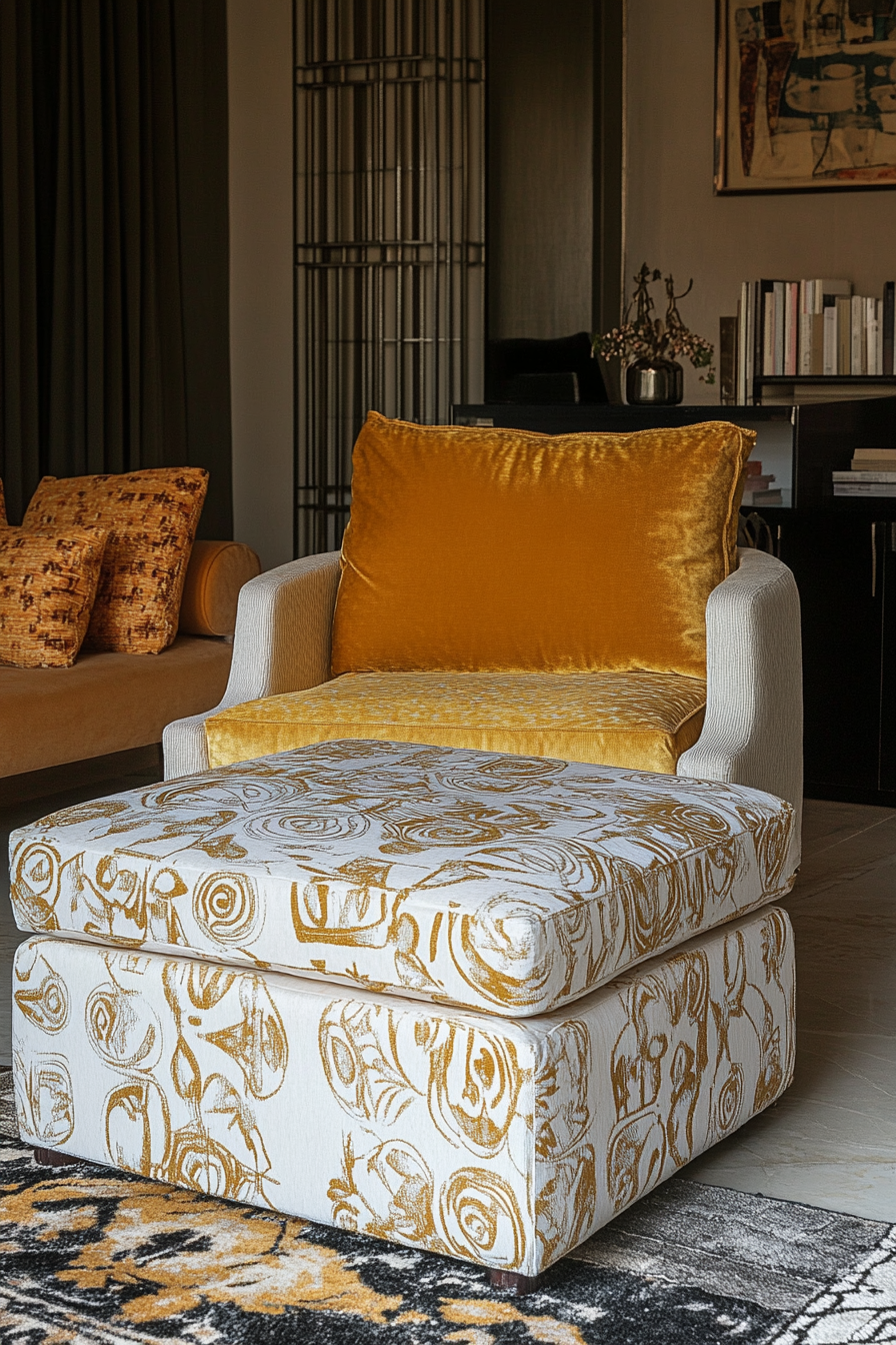 Living room inspiration. Convertible pouf-to-chair in gold patterned silk fabric.