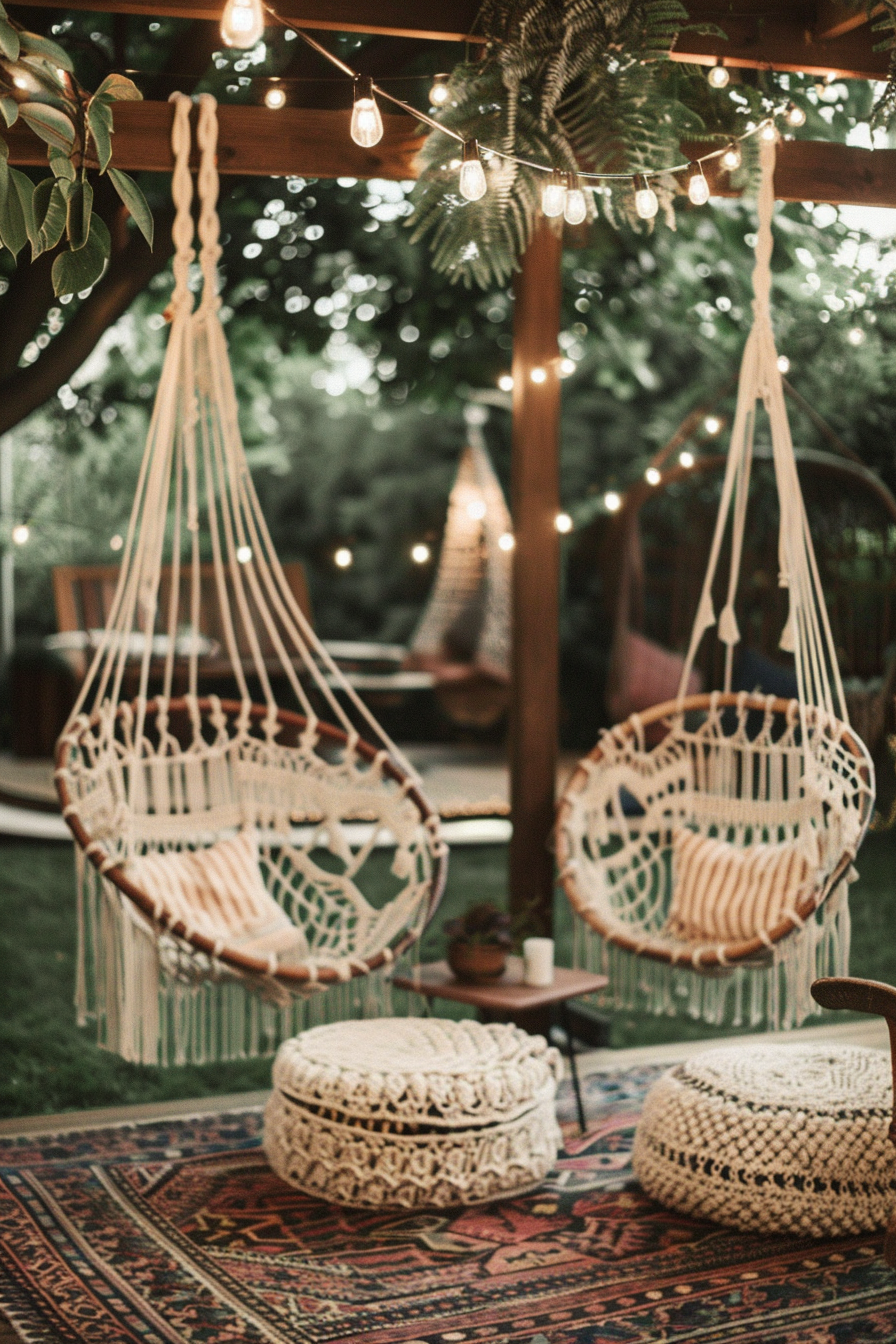 Wide view. Boho patio with macrame hanging chairs and festoon lights.