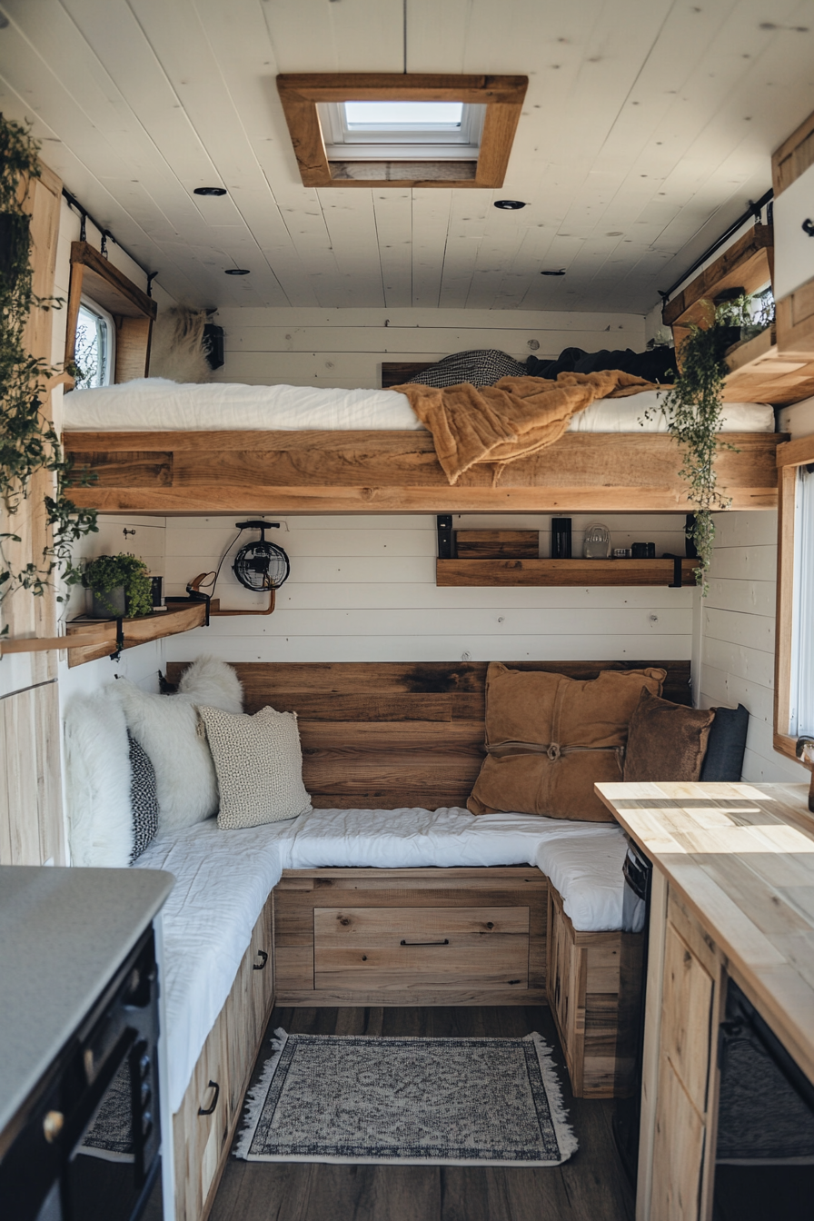 Tiny House Camper scene. Sprucewood interior with floating shelves