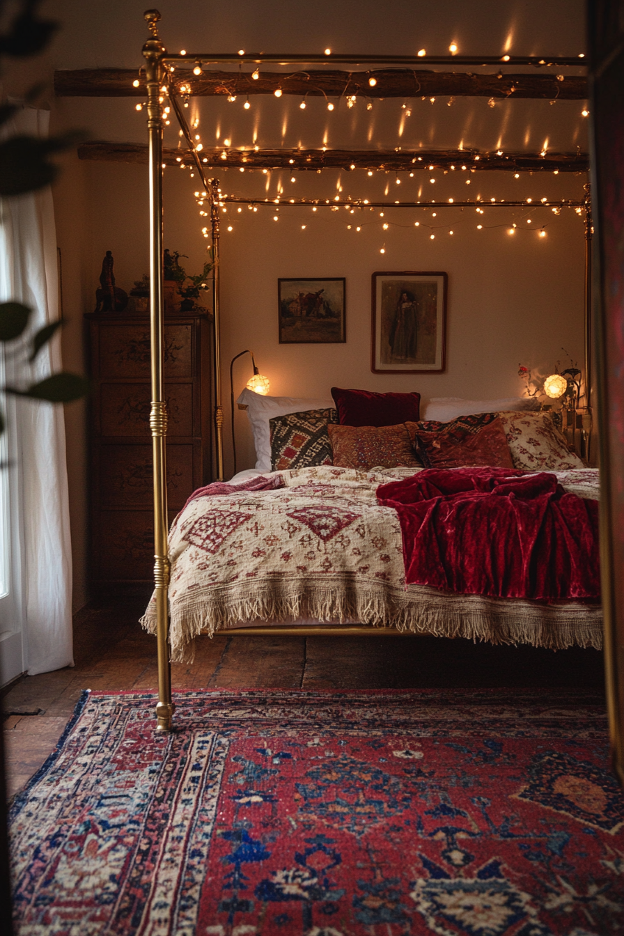 Whimsical bedroom. Velvet quilts, layered Persian rugs, scattered fairy lights on brass canopy bed.