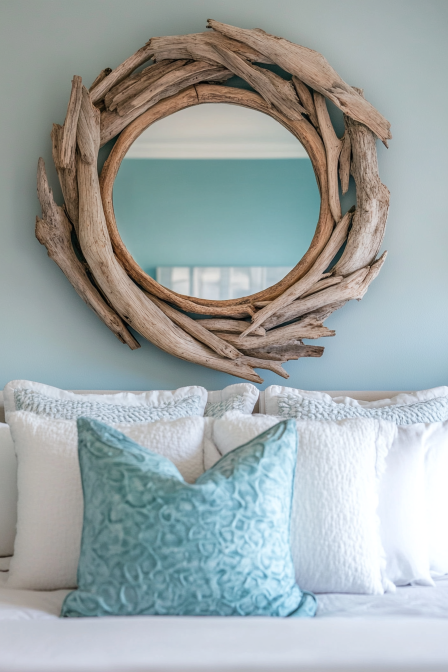 Coastal bedroom. Turquoise driftwood mirror.