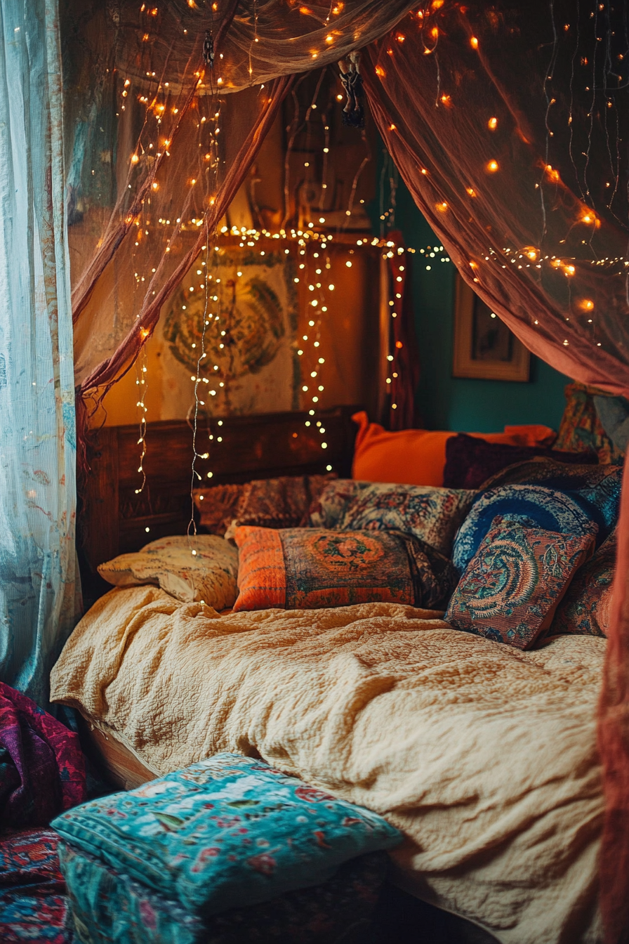 Boho whimsical bedroom. Canopy bed draped with hanging lean fairy lights.