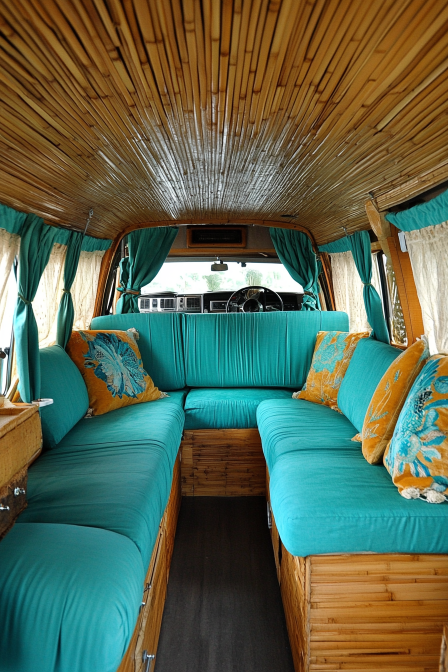 Camper van interior. Bamboo wood paneling with turquoise upholstery.