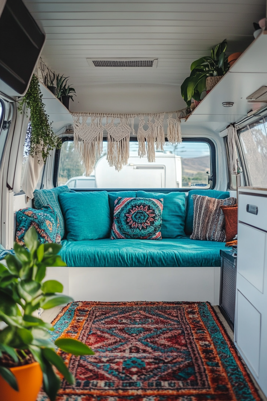 Camper interior. Turquoise cushions, macramé plant hangers, Persian rug motif vinyl floor.