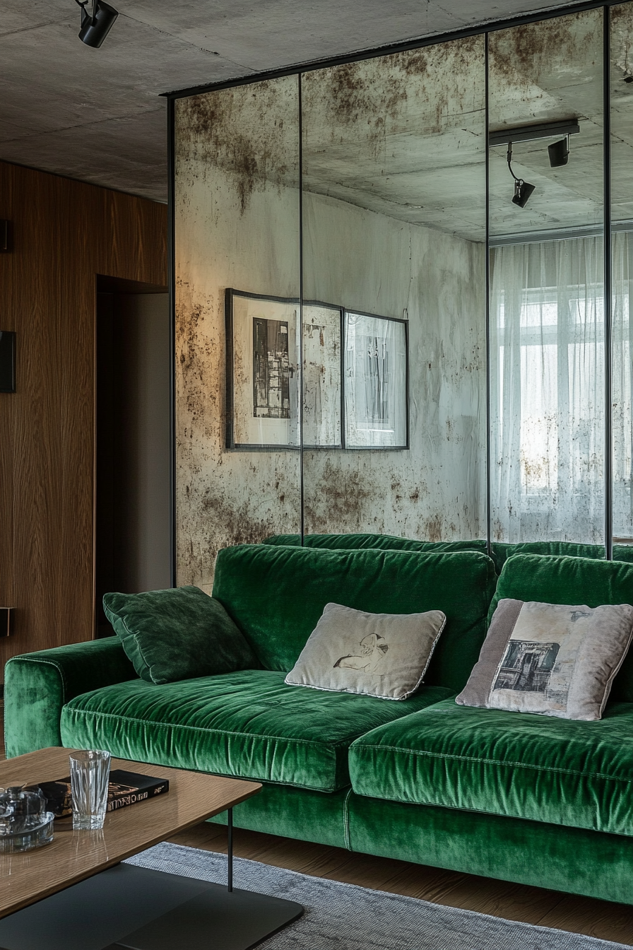 Wide-view urban tiny living room. Green velvet sofa against a mirrored wall.