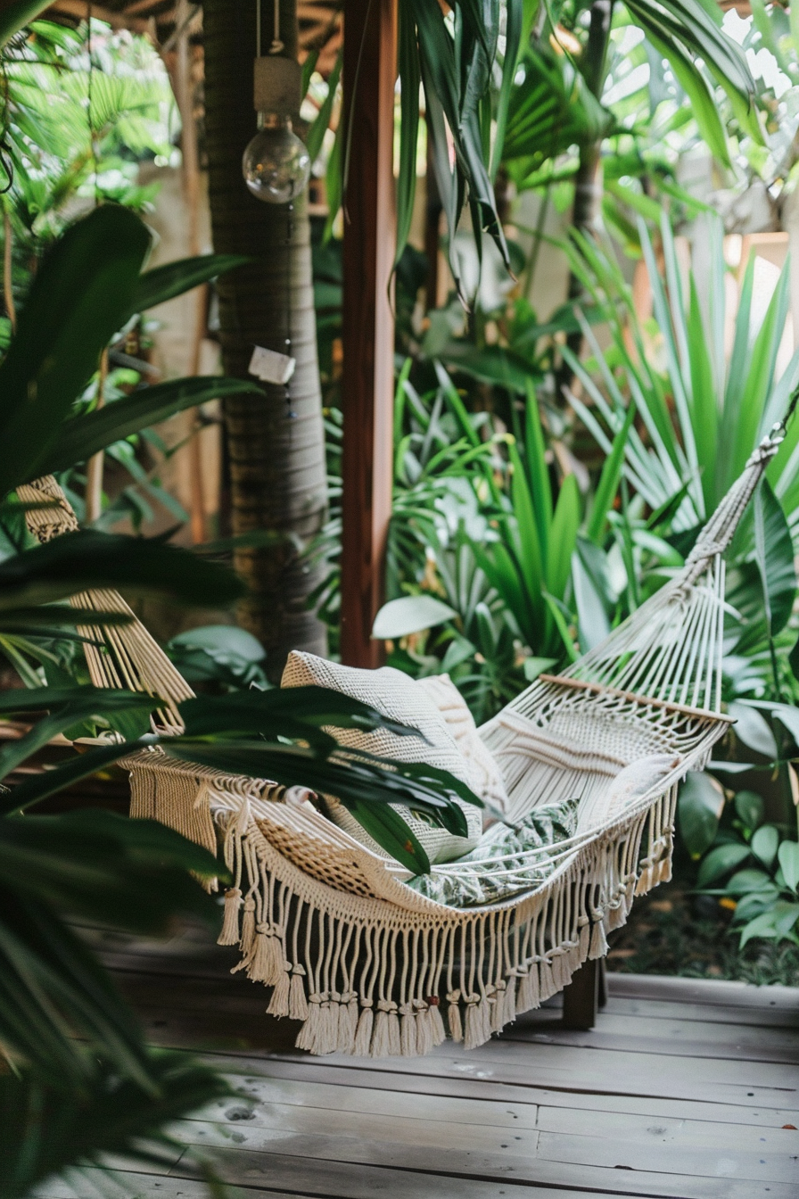 Chic boho patio view. Green plants on an ivory macrame hammock swing.