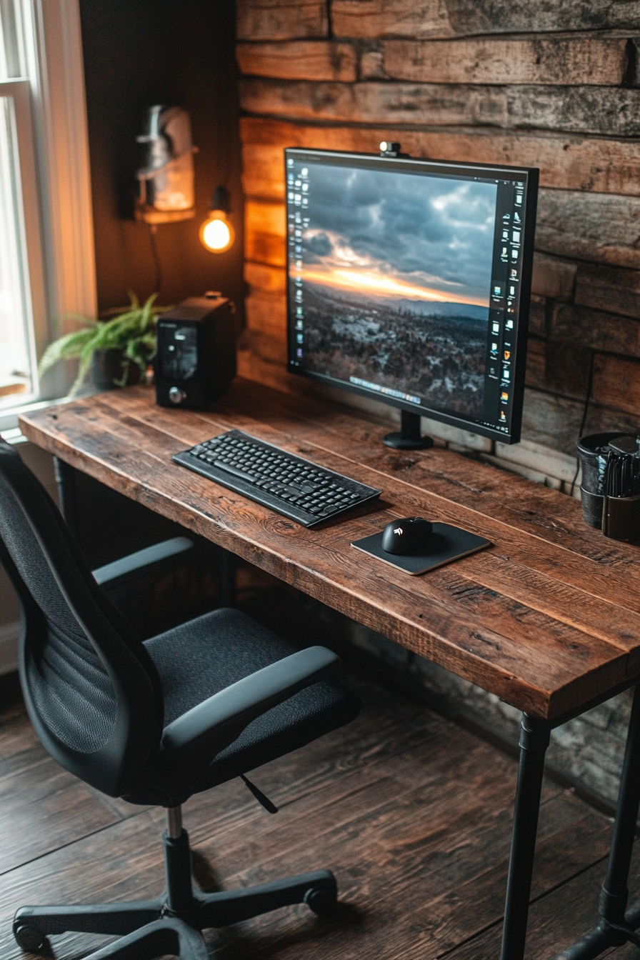 Remote work setup. Barn wood desk with black steel pipe legs.