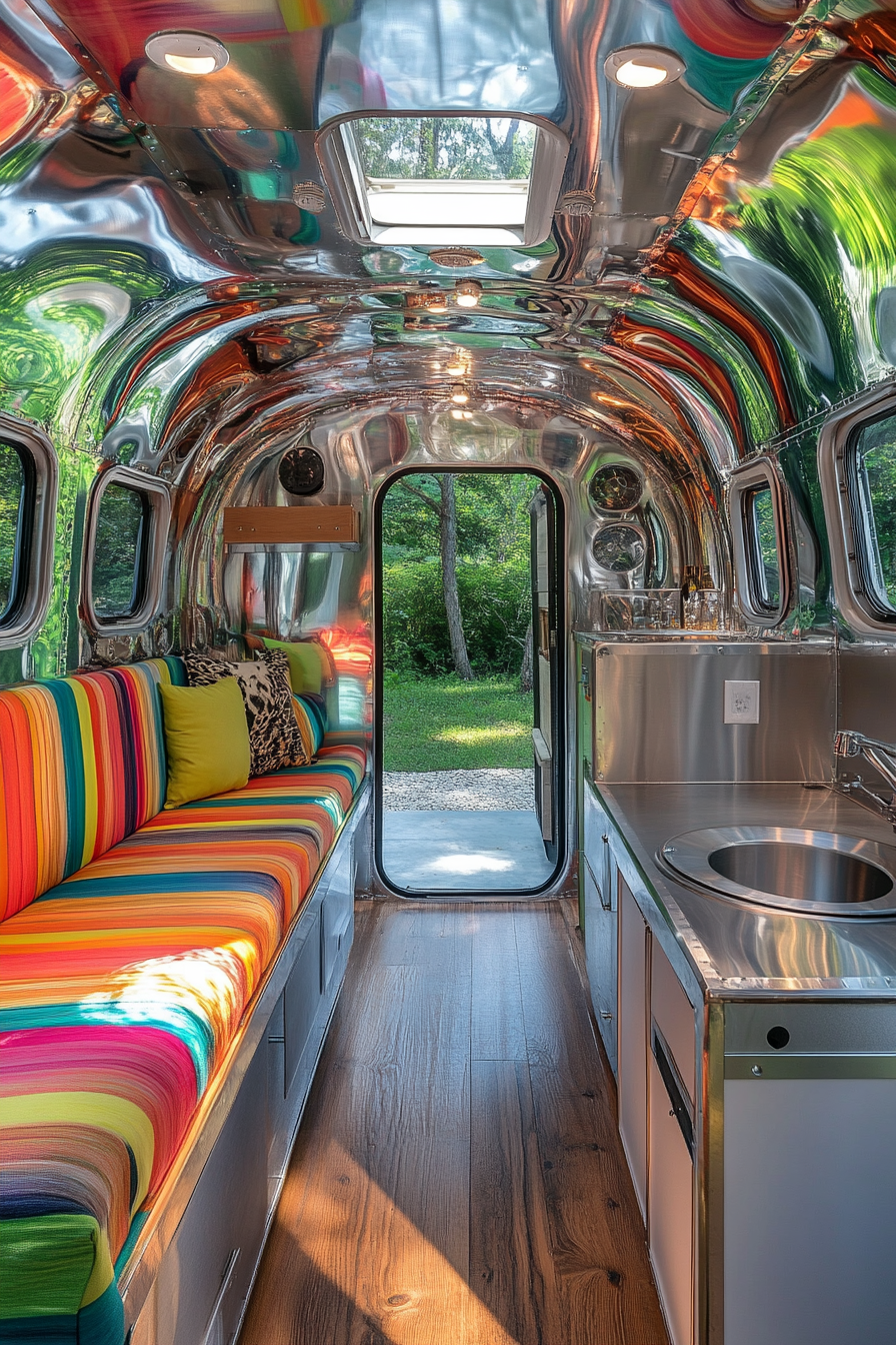 Split image. One half colorful Tiny House Camper interior, other half glossy silver exterior.