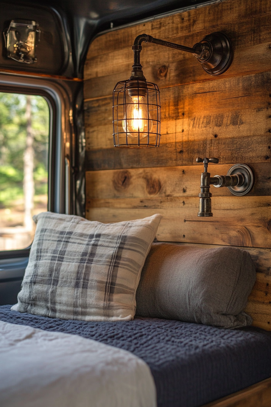 Camper Van. Iron vintage faucet, recycled barnwood panel, suspended a wire caged bulb.