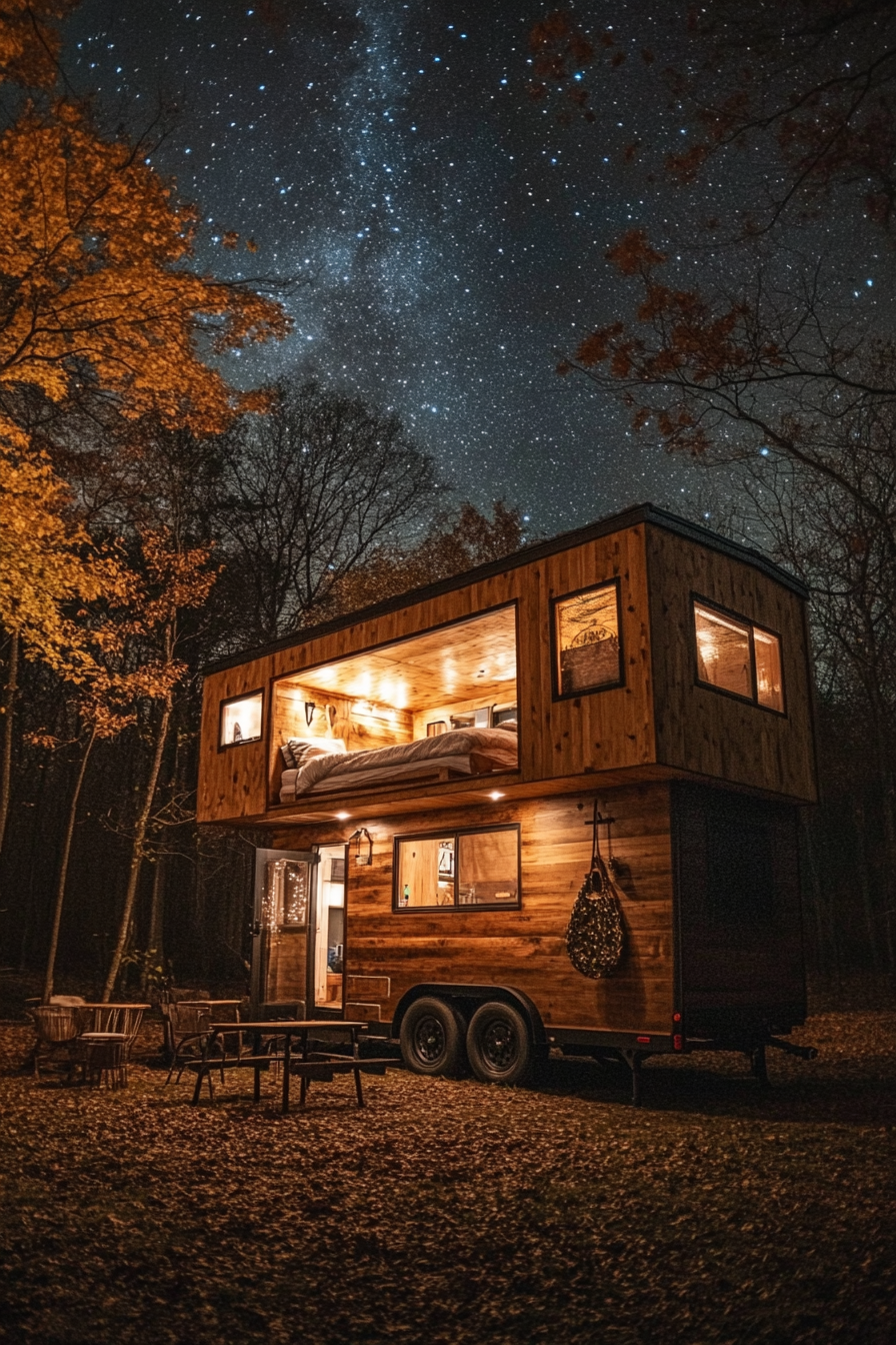 Tiny House Camper. Wooden interiors under loft bed and exterior under starry night.