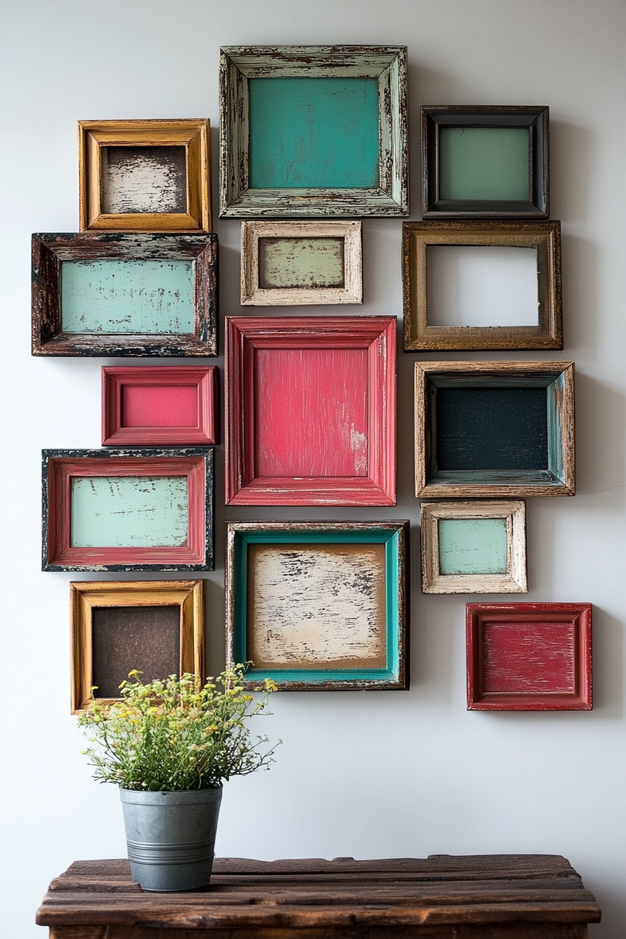 DIY wall decor. Vintage-inspired photo frames arranged in a geometric pattern.